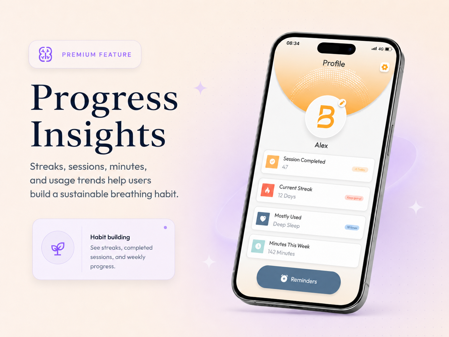BreathState profile screen showing completed sessions, streaks, and weekly minutes