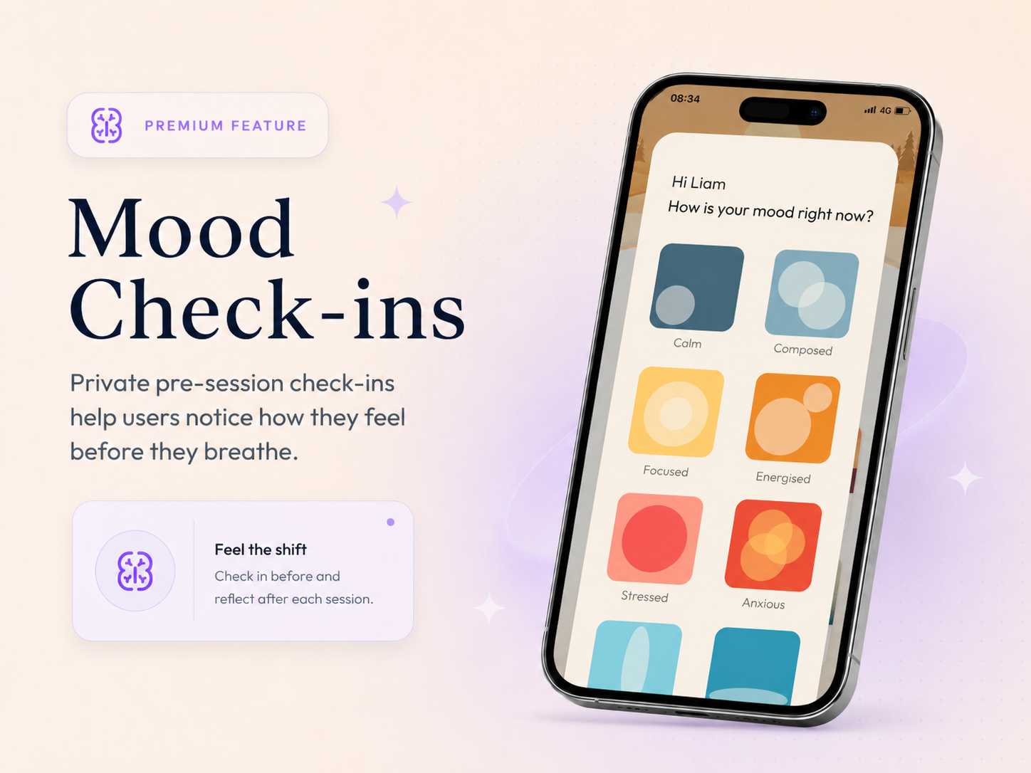 BreathState mood check-in screen with calm, focused, stressed, and anxious options